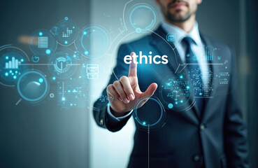 Businessman in suit interacts with digital ethics interface. Pro touches virtual screen with ethical symbols and graphs. Corporate integrity concept.