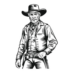 Cowboy vintage hand-drawn illustration, black and white engraving style, retro line art, clean lines, minimal shading, high contrast, isolated on white background