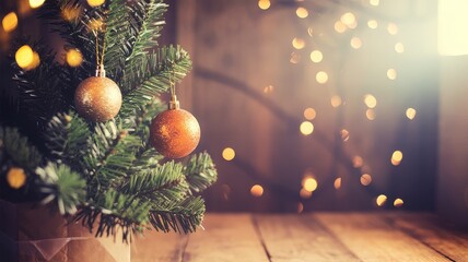A close-up shot of a small, decorated Christmas tree with warm, glowing bokeh lights in the background.