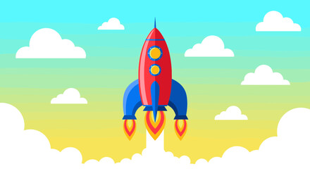 Red and Blue Rocket Launching into a Gradient Sky with White Clouds.