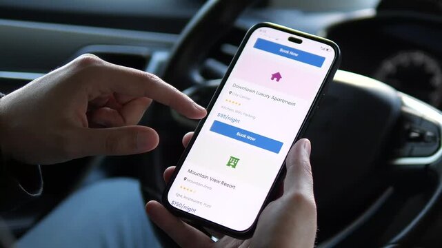 A mans hands in a parked car use a travel application to read a detailed rental description before confidently pressing the book now button. This clip is ideal for tourism marketing, hotel promotions