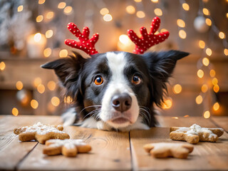 Cute border collie dog wearing reindeer antlers and looking at the camera with christmas lights and cookies in the background