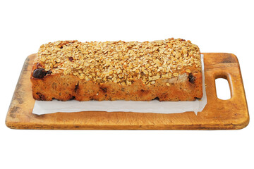 Rustic traditional bakery. Whole grain homemade bread on a rustic wooden board.
