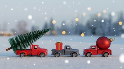 Three toy trucks in a snowy landscape, carrying a Christmas tree, a gift, and an ornament.
