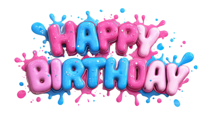 Happy birthday text with colorful pink and blue splashes watercolor paint drops and festive background decoration isolated on white background