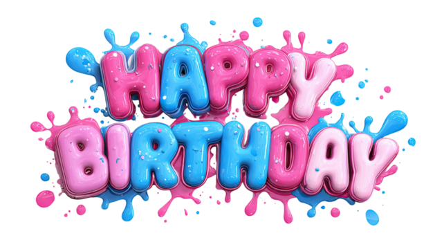 Happy birthday text with colorful pink and blue splashes watercolor paint drops and festive background decoration isolated on white background
