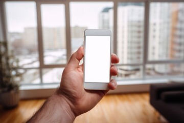 Hand Holding Phone with White Screen in New Apartment