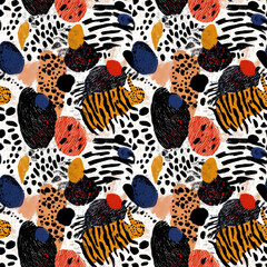 Abstract Pattern Design: The image is a colorful and vibrant abstract pattern, featuring a combination of shapes and textures. The design includes dots, stripes, and brushstrokes in a mix of colors