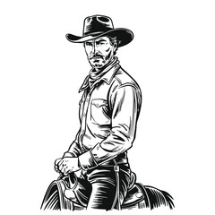 Cowboy vintage hand-drawn illustration, black and white engraving style, retro line art, clean lines, minimal shading, high contrast, isolated on white background