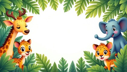 Cute cartoon jungle animals peeking from green tropical leaves. Baby deer with antlers, friendly elephant, happy cheetah cubs smile from forest border. Wild safari wildlife illustration for kids