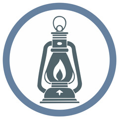 Traditional old-fashioned kerosene lantern icon with a stylized burning flame inside a blue circle