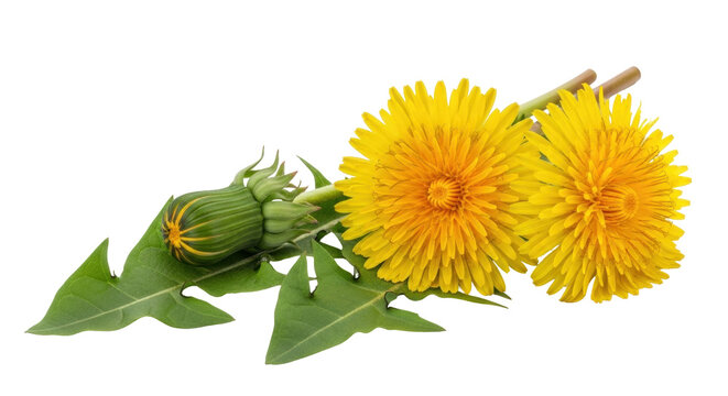 Isolated Vibrant dandelion flower with green leaves and unopened buds on a white surface