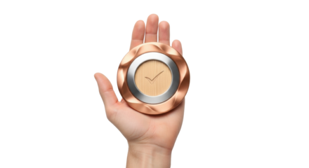 Isolated hand holding copper and silver compact makeup powder, beauty and elegance concept