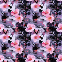 Cherry Blossom's Watercolor: A watercolor artwork, features a beautiful floral pattern, in repeating pattern, expressing the beauty of cherry blossoms in spring.