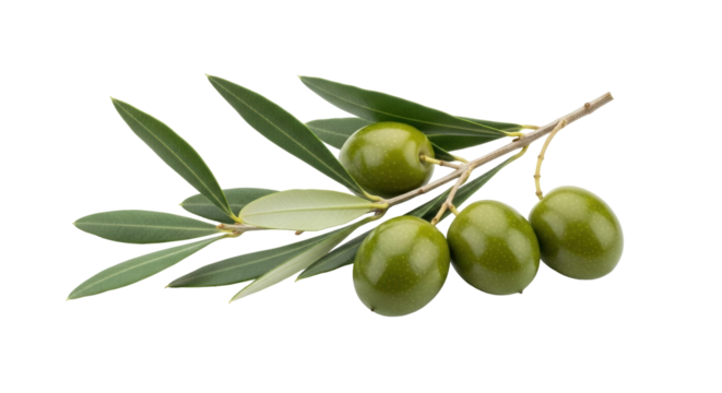 Isolated branch of green olives on a twig with natural leaves, a fresh raw olive product