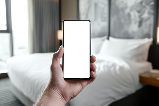 Phone with white screen held near luxurious hotel bedding