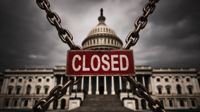 Closed sign chained in front of the United States Capitol building symbolizing government shutdown crisis
