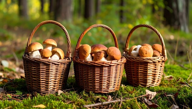 Three baskets of mushrooms in forest