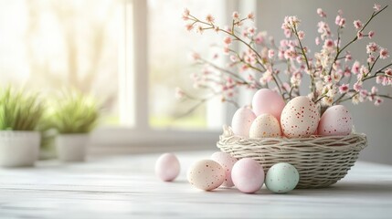 Obraz premium Pastel Easter Eggs in a Basket by the Window