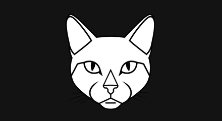 Minimalist White Cat Head Outline on Black Background.