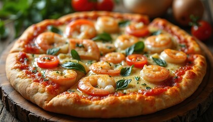 Seafood pizza lies on wooden board. Crust pizza topped with shrimps, tomatoes and basil leaves. Traditional italian pizza. Tasty snack with prawns. Gourmet dinner meal at pizzeria. Food close up.
