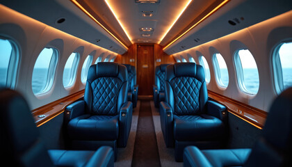 Fototapeta premium Luxurious private jet interior features deep blue leather seats, polished wood accents, warm cabin lighting. Empty cabin shows high-end air travel. Executive plane offers comfort, privacy for