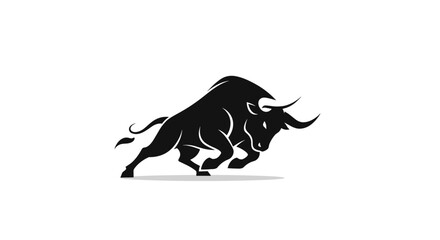 Powerful black bull silhouette charging forward on white background.