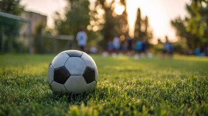 Obraz premium Soccer ball resting on the grass field with players practicing in background.