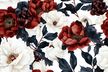 Floral Tapestry of Elegance: A captivating floral pattern unfolds, featuring a symphony of blooming flowers in a rich palette of deep red, pristine white, and accents of dark navy.
