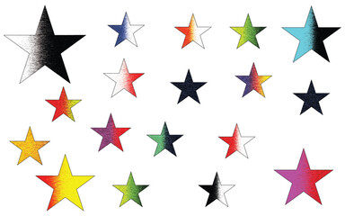 colorful gradient stars on white background with metallic texture design, multicolor star pattern illustration isolated on clean white backdrop, bright decorative stars artwork in rainbow colors 