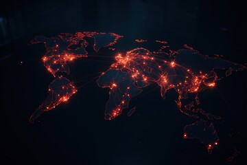 Dynamic world map visualization showcasing global network connections and data flow in a vibrant red glow, symbolizing international business and technological advancement, perfect for presentations