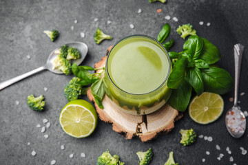 Green smoothie with broccoli, basil, and lime on rustic wood, healthy drink preparation