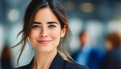 Confident businesswoman in modern office setting, ready to tackle challenges and succeed.