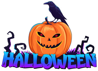 Funny Halloween sticker with pumpkin and crow blue color design