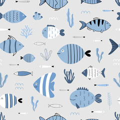 Childish seamless pattern with cute fish undersea scene and seaweed for print, wallpaper, kids swimwear, textile fabric and wrapping paper. Vector illustration		