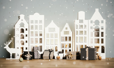 Christmas scene in home interior. White paper houses with Christmas presents and falling snow. 3D Rendering, 3D Illustration