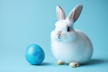 Fototapeta premium Adorable White Easter Bunny with Teal Egg