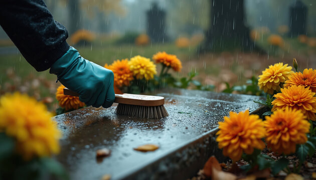 Hand in green rubber glove cleans gravestone with brush in rainy cemetery surrounded by orange flowers. Person maintains memorial, showing respect, care for deceased. Autumn leaves, yellow flowers