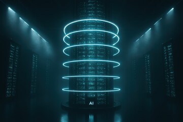 Futuristic AI data center server room bathed in neon light glows with powerful processing, offering cutting-edge technology solutions and a high-tech, modern look for your next project