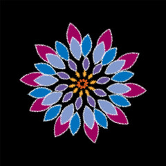 Abstract illustration of flower  jagged petals with multicolored on black background.