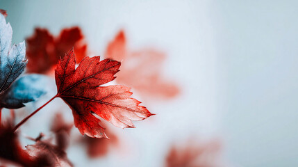Macro photo of a dry autumn maple leaf with unique blue and red tones on a light blue background. Contrast, detailed texture, vibrant colors perfect for abstract nature, seasonal and design concepts.
