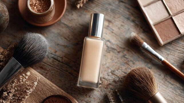 Elegant beauty still life featuring foundation, brushes, and eyeshadow palette on a rustic wood surface. Evokes natural beauty, artistry, and personal care. Ideal for cosmetic ads and blogs.