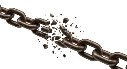 Broken metal chain links exploding apart isolated on transparent background