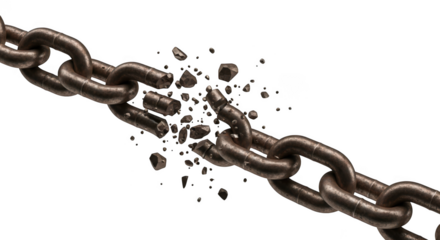 Broken metal chain links exploding apart isolated on transparent background