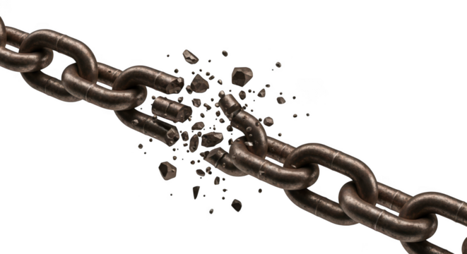 Broken metal chain links exploding apart isolated on transparent background