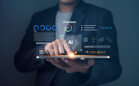 AI business agents empowering data-driven decisions, with a businessman using a digital tablet displaying artificial intelligence analytics and performance dashboards in a modern corporate setup.