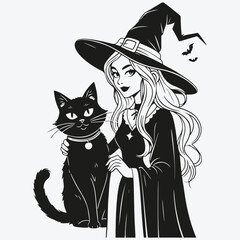 witch with a black cat funny Halloween sketch illustration vector