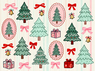 Christmas Vector Illustration with Tree, Santa, Reindeer, Stocking, Gift and Bell