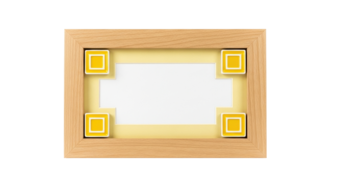 Isolated picture frame, light wood, decorative corners, geometric design, center for customization