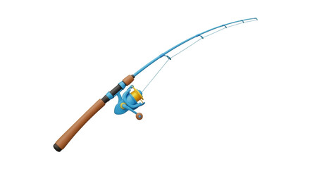 Isolated fishing rod with reel, bent back as if catching a fish or retrieving line, leisure activity